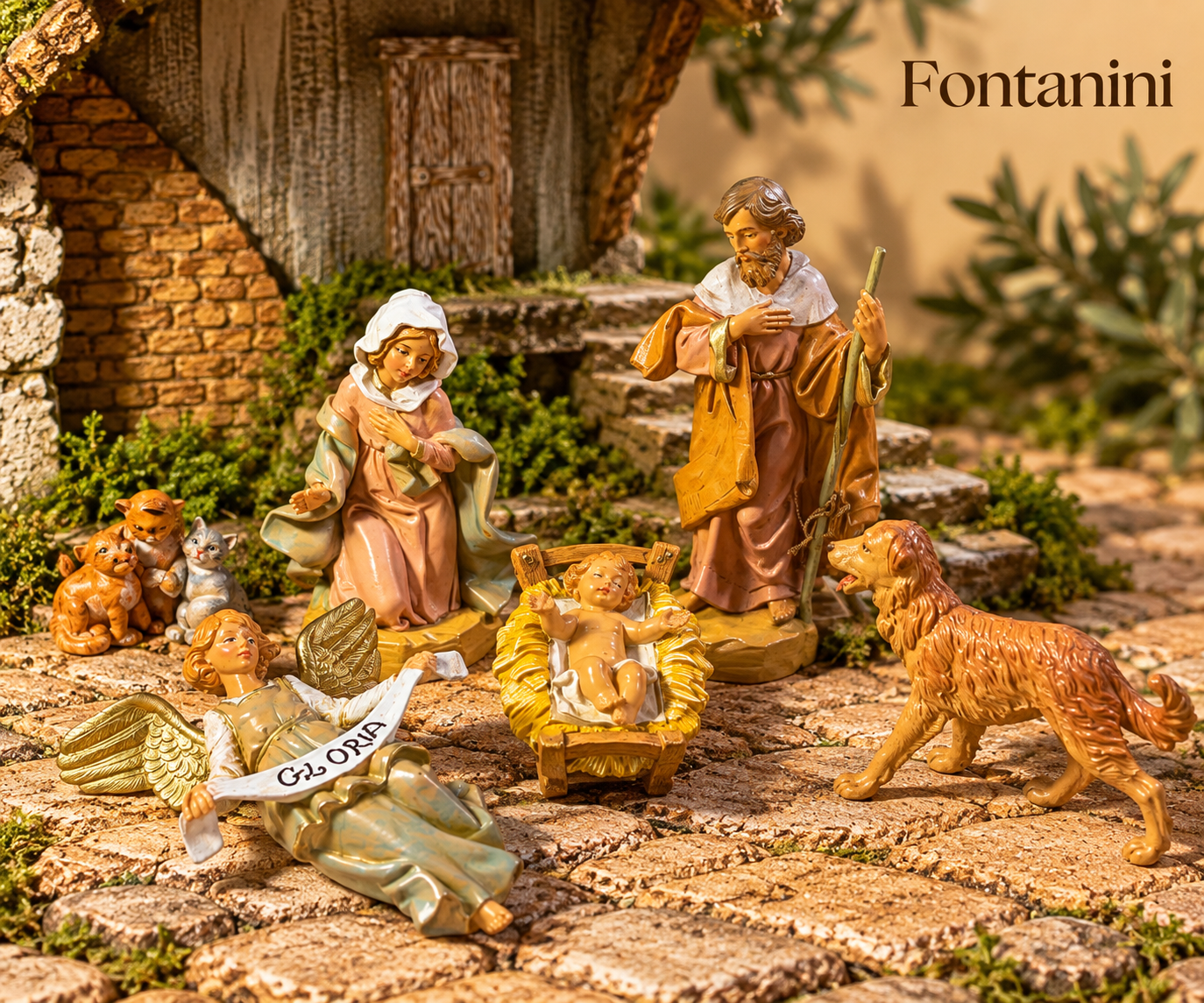 Szopka bożonarodzeniowa Fontanini nr 244 – figurki 12 cm, pies i koty - oświetlenie LED - obrazek 9