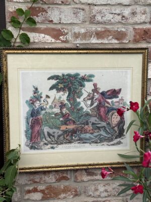 Kolorowana rycina „La Caza del Leon” – polowanie na lwa, 61 × 52 cm